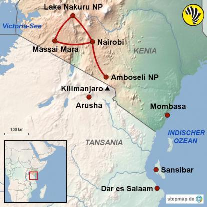 KENIA Kenia Safari-Baustein Amboseli-NakuruMara 6 Tage Safari intensiv, ab/bis Nairobi Drei große Parks, dreimal