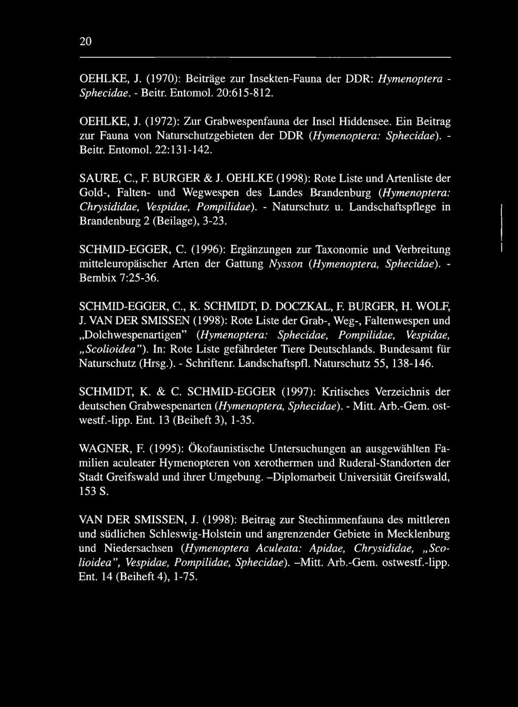 OEHLKE (1998): Rote Liste und Artenliste der Gold-, Falten- und Wegwespen des Landes Brandenburg (Hymenoptera: Chrysididae, Vespidae, Pompilidae). - Naturschutz u.