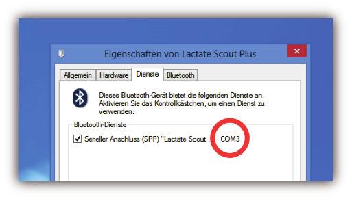 Anzeige des zugewiesenen COM-Ports für die serielle Bluetooth - Verbindung bei Verwendung von Drittanbietersoftware: Die Lactate Scout Assistant -Software sucht bei der Datenübertragung