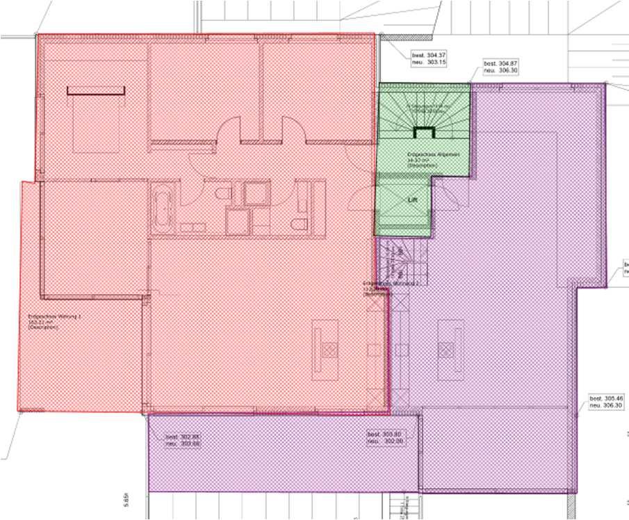 Beispiel rechts: 1.) PSL Erdgeschoss Wohnung 1 (rot) 2.) PSL Erdgeschoss Wohnung 2 (violette) 3.