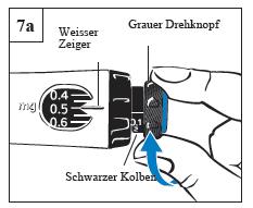 7. Schritt. Aufziehen einer Dosis a. Drehen Sie den grauen Drehknopf in Pfeilrichtung, bis kein Klicken mehr zu hören ist (Abbildung 7a). b. Ihre Dosis am schwarzen Kolben sollte sich auf einer Höhe mit dem weißen Zeiger befinden.
