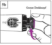 c. Halten Sie den Pen mit der Nadelspitze senkrecht nach oben (Abbildung 3b). d. Klopfen Sie mit dem Finger leicht gegen den Patronenhalter, damit sich eingeschlossene Luftbläschen nach oben bewegen.