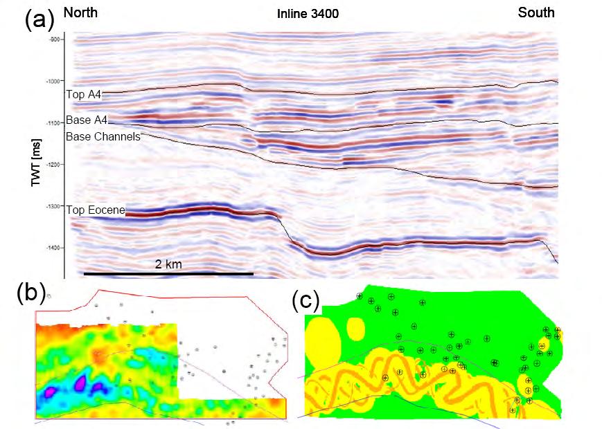 Interpretierte Seismik in Atzbach 6/14 Seismic amplitudes interpreted to signify channel, levee and overbank facies (a, b; white area in b was covered by 2D seismic data not