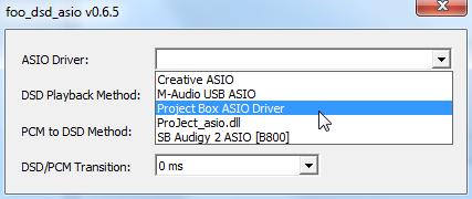 Wählen Sie im Dropdown-Menü ASIO Driver die Einstellung Project Box Asio