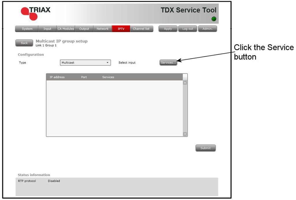 IPTV-Konfigurationsfenster Bei der erstmaligen Anzeige des Konfigurationsfensters durch das TDX Service Tool in einer neuen Konfiguration sind in den Feldern im Fenster Standardwerte zu sehen oder