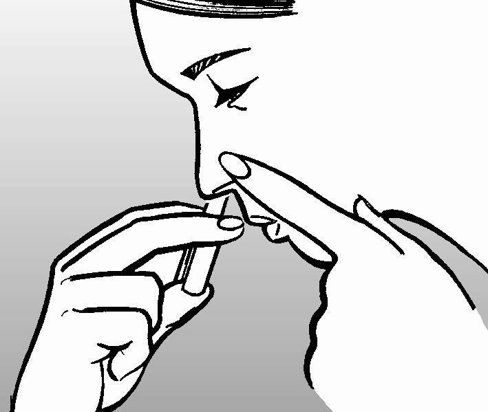 6. Führen Sie das Nasenstück des Nasensprays in das andere Nasenloch ein, so weit, wie das angenehm bleibt (ca. 1 cm) (Abbildung B). Atmen Sie langsam durch den Mund aus.