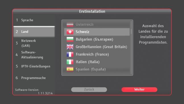 13. Wählen Sie mit der Pfeiltaste die Schweiz und bestätigen Sie mit OK. Wählen Sie nun Weiter aus drücken Sie OK. 14.