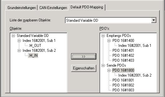 3.7 Mappen von Objekten in die PDOs Stellen Sie die Verbindung zwischen Variablennamen und PDO her: (M_IN (Master empfängt) PDO 16#1800 (Slave sendet) (M_OUT (Master sendet) PDO 16#1400 (Slave