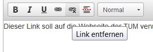 Klicken Sie dann auf das Zeichen Link einfügen/editieren. Geben Sie Ihren Text wie gewohnt ein.