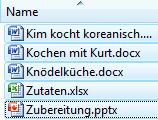 Klicken Sie auf die Datei Kim kocht koreanisch.docx. Halten Sie die Strg -Taste gedrückt und klicken Sie auf die Datei Kochen mit Kurt.docx (siehe Abbildung).