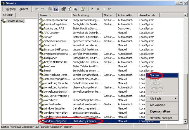 ein: Pädagogisches Netz Dieser Befehl startet einen Übersichtsbildschirm über die Windows 2000 Dienste.