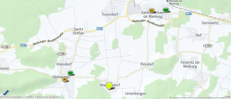 Nahversorger (Bäckerei, Metzgerei, Supermarkt, Drogerie) Der hellgrüne Punkt markiert den Immobilienstandort, die Nahversorger im Umkreis werden mit farblichen Pins angezeigt.