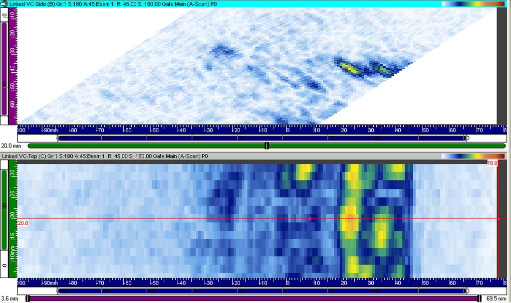 - 14 - Riss-Signal bei x = 20 mm Abbildung 10: Ultraschall B-Bild (oben) als Schnittbild in
