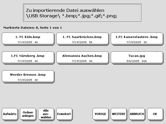 Stellen Sie die Option Übertragen von/nach auf USB-Stick. 4. Wählen Sie die Option Ikonen / Bilder importieren. 5. Der LightTalker zeigt die auf dem USB-Stick vorhandenen Bilder sowie Ordner an.