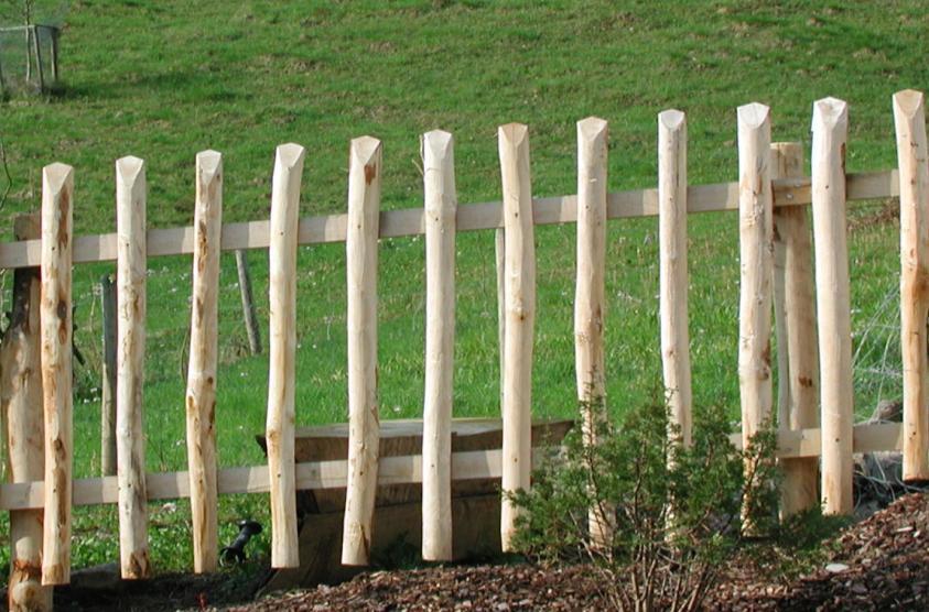 Lattenzaun aus naturgewachsenen Latten Lattenzaun aus geholbeltem Eichenholz Latten aus Kastanienholz, naturgewachsen, halbiert und gesägt, Querriegel aus Kastanienholz ca.