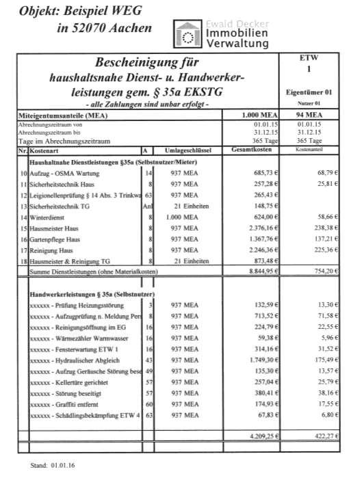 8 WEG Abrechnung Bescheinigung Haushaltnahe Dienstleistungen Maßgebend ist 35a Abs. 1 EStG.