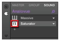 Effekte anwenden Mit Effekten spielen 3. Klicken Sie im Arrange-View in der Plug-in-Liste links des Effekt-Namens auf das FX- Symbol.