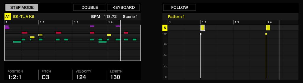 Beats im Step-Sequencer entwickeln Im Step-Modus einen Beat aufbauen 1. Drücken Sie PATTERN und stellen Sie mit Drehregler 4 die Pattern-Länge ein. Auf den Pads werden nur 16 Steps angezeigt.