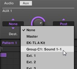 Fortgeschrittene Funktionen Nutzen Andere Klangquellen nutzen 11. Im Abschnitt Aux 1 klicken Sie nun auf das Label None des Ziel-Auswahl-Menüs (Dest). Wählen Sie C1: Sound 1-1 aus dem Menü.