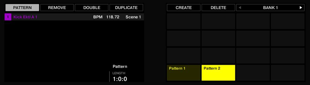 Unten im linken Display sehen Sie, dass der Parameter Pattern LENGTH (Pattern-Länge) aktuell auf 1:0:0 steht, das heißt ein Takt. 2.