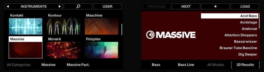 rechte Display die Liste der MASSIVE- Bass-Presets an, die für die Nutzung in einer Bass-Linie markiert wurden: 1.
