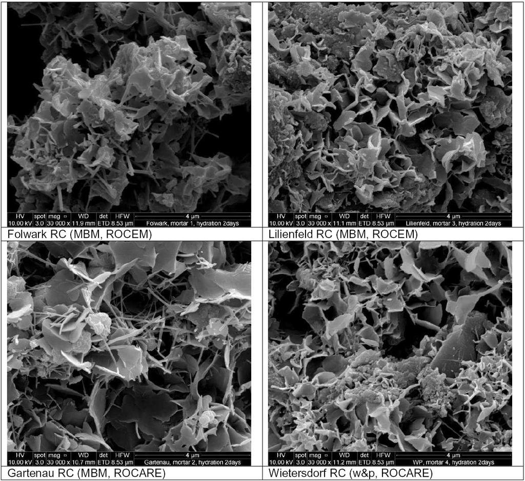 Recently produced mortar Comparison of matrix-microstructure of different RC binder, early hydration (2 days) -all four binders very similar structures of