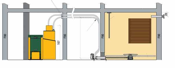 KWB Easyfire Einbaubeispiele Typ USP GS 10-20kW mit Pelletrührwerk Plus und Saugförderung Lagerraum neben, oberhalb oder unterhalb des Heizraumes Aufriss Bohrung 70 mm Brandschutzmanschette