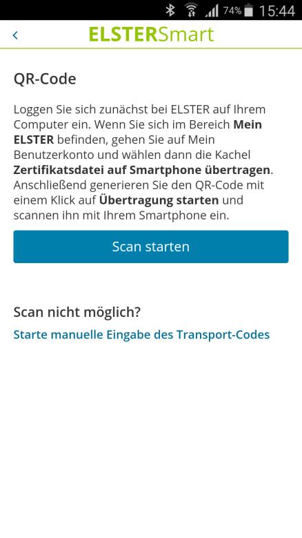 Abbildung 19: Import der Zertifikatsdatei mit QR-Code Nach einem erfolgreichen Import (via QR-Code oder mittels manueller Eingabe) erscheint eine Erfolgsmeldung, dass die Zertifikatsdatei erfolgreich