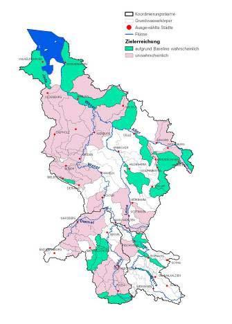 6 (linke Karte) zeigt in grün und rosa die Grundwasserkörper an, die in der Bestandsaufnahme nach Wasserrahmenrichtlinie als in der Zielerreichung unklar/unwahrscheinlich ausgewiesen worden sind.