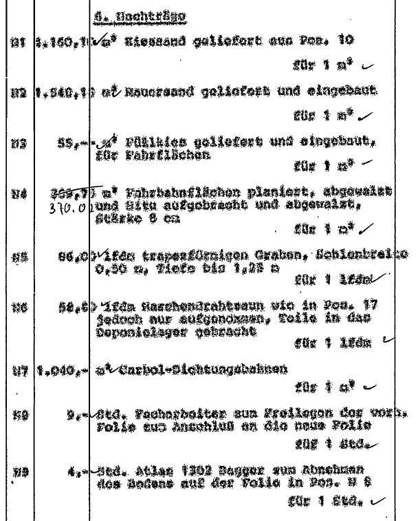 Bild 15: Schlussrechnung Fa. Harzbau: LV-Pos. Nachtrag Lieferung/Einbau Sandauflager, Schutzschicht Kiessand und Dichtungsbahn [5] S.