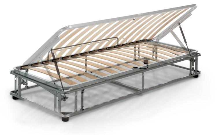 Laterale Singolo Single storage bed provided with a set of kinematic mechanisms equipped with gas-powered pumps that allow to lift the bed base and to open the compartment under the spring for