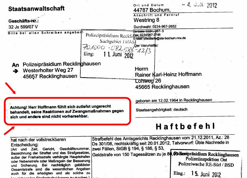 Ausschnitt aus Haftbefehl der Staatsanwaltschaft Bochum vom 04.06.
