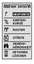 Eine Karte des gewählten Kurses erscheint mit drei Auswahlmöglichkeiten: Navigieren, Umbenennen und Löschen (NAVIGIER, UMBENENN und LÖSCHEN). 3.