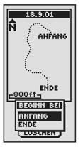 Markieren und wählen Sie ENDE, um die gewählte Route vom Ende zum Anfang zu verfolgen. 4. Daraufhin wird der Karten-Bildschirm mit dem Kursweg aufgerufen.