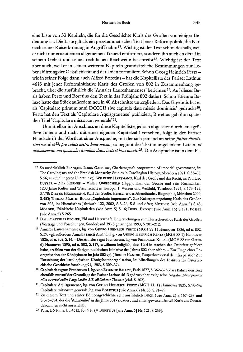 Normen im Buch 335 eine Liste von 33 Kapiteln, die für die Geschichte Karls des Großen von einiger Bedeutung ist.
