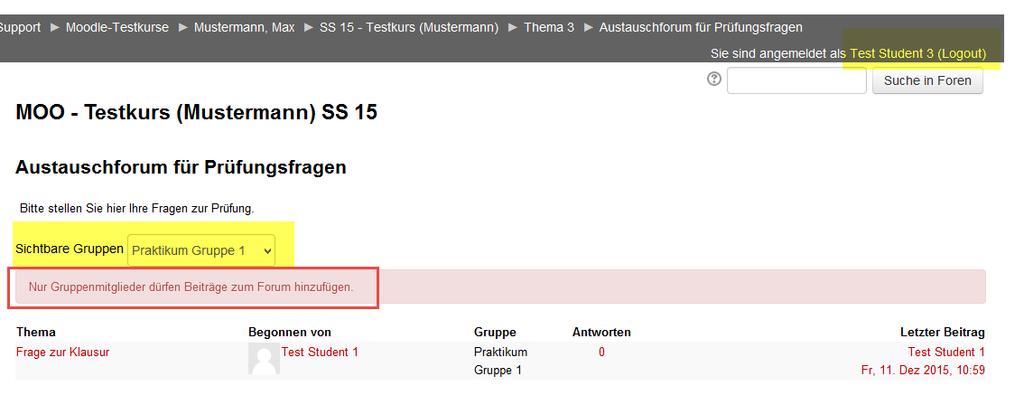 Gruppen und Gruppierungen Beispiel Forum mit SICHTBAREN GRUPPEN: Sicht Kursleiter Sicht eines Teilnehmers Gruppe 3: Teilnehmer einer Gruppe haben Leserechte bei den Beiträgen anderer Gruppen (hier