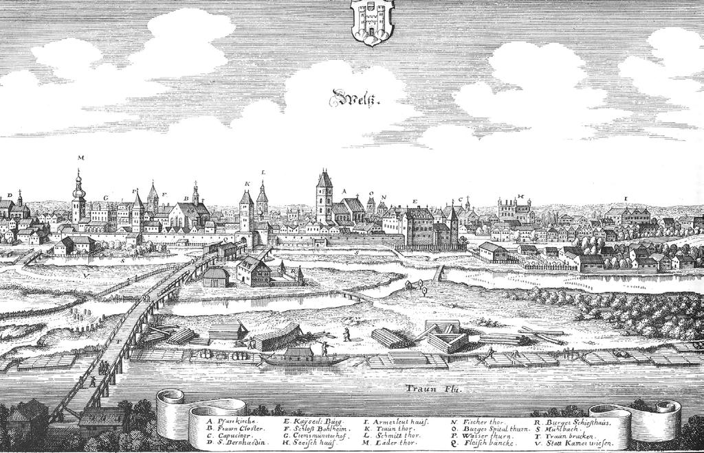 Angebot, Nachfrage und Kaufverhalten angesichts von Naturkatastrophen 191 Abb. 1: Die Traunbrücke vor den Toren der Stadt Wels von Süden aus gesehen. Kupferstich von Matthäus Merian, 1649.