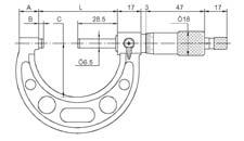 Präzisions-Bügelmeßschrauben DIN 863 Spindelgewinde gehärtet und geschliffen Ableseteile mattverchromt Meßflächen hartmetallbestückt Meßspindel-Ø 6,5 Steigung 0,5, Ablesung 0,01 Bügel blau oder