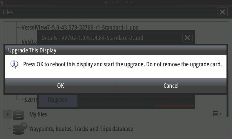 8. Im Fenster Upgrade This Display" (Diese Anzeige aktualisieren) OK auswählen. VesselView zeigt einen Fortschrittsbalken an, der den Upgrade-Status anzeigt.