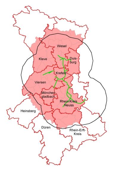 Modellregion Niederrhein Größe 3 497 km 2, 52 km E-W, 95 km N-S Bevölkerung 2,5 Mio EW, 730 EW/km 2 Infrastruktur 3 Oberzentren, >20 Mittelzentren,