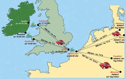 540 km (letzte 90 km Landstraße) Fahrpläne DFDS Dünkirchen-Dover: Alle 2 Stunden, zu den geraden Uhrzeiten, 12 Abfahrten pro Tag Calais-Dover: Ca.