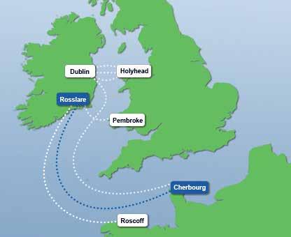 Cherbourg oder Roscoff-Rosslare (mit Irish Ferries) Achtung: Änderungen der Fahrpläne und Preise vorbehalten, da in 2018 ein neues Schiff seinen Dienst antreten soll.