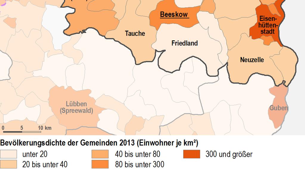 EW (die beiden größeren Eisenhüttenstadt und Fürstenwalde/Spree nicht im Berliner Umland gelegen) unter dem Landesdurchschnitt liegende Bevölkerungsdichte; aber im Mittelfeld der Landkreise räumliche