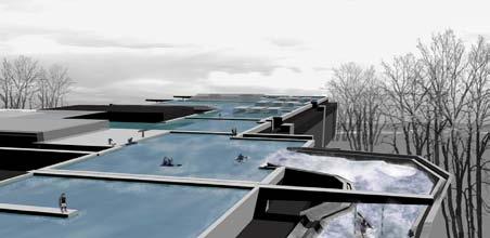 Wasserkreislauf - Wildwasserbahn Reaktivierung der ehemaligen Pumpenanlage; Wasserspeicherung auf dem Dach in flexibel ausfüllbarem