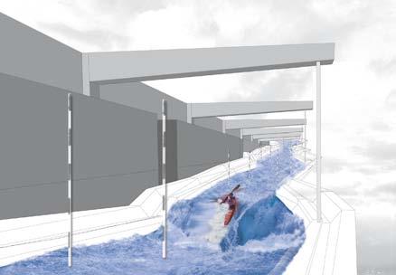 die Slalom-Bahn; Inszenierung des historischen Tauchbeckens als Zielpunkt und Show-down des Kanusports.