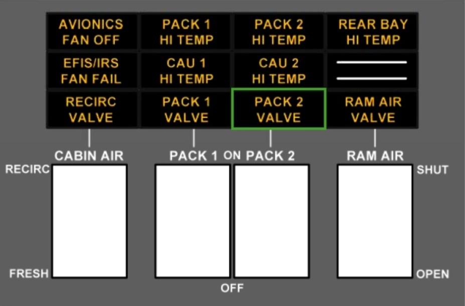 Das Pack 2 bezieht Druckluft von der rechten Druckluftversorgung (right air supply). Diese wird von den Triebwerken 3 und/oder 4 oder von der auxiliary power unit (APU) gespeist.