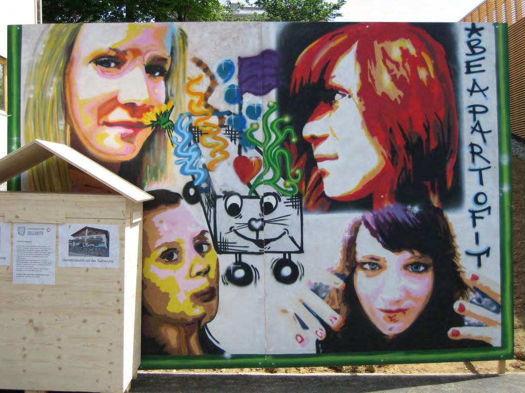 Graffity Beschreibung: Jugendliche wurden eingeladen, sich mit dem Thema Lebensqualität im Dorf im Rahmen eines Graffity- Workshops auseinanderzusetzen.