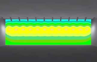 Dies zeigt der direkte Vergleich von Linsen- und Reflektortechnologie an einer 10m langen Wand bei gleicher Beleuchtungsstärke (200lx) und Gleichmäßigkeit.