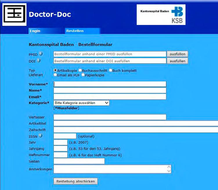 6 Artikel- / Literaturbestellungen über Doctor-Doc Sie können das Bestellformular auch direkt aufrufen, welches ebenfalls auf der Swissconsortium Startseite zu finden ist.