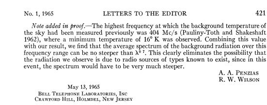 CMB Entdeckung durch Penzias & Wilson 1965: Arno
